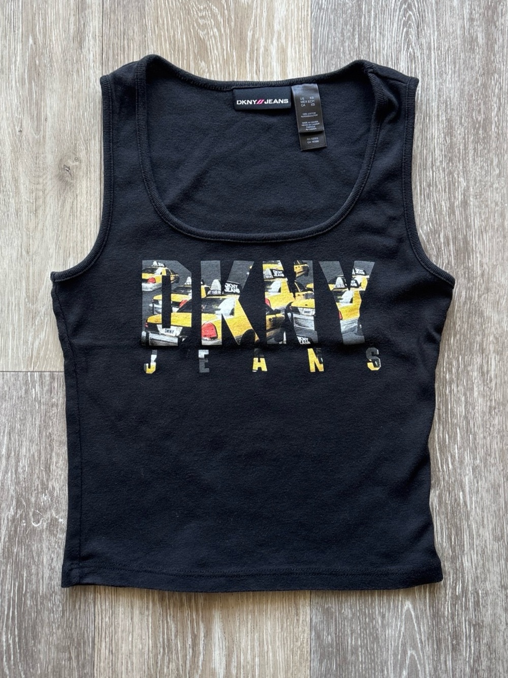 Vintage Y2K 00s DKNY Jeans Black NYC Taxi Cab Logo Graphic Tank Top Size XS